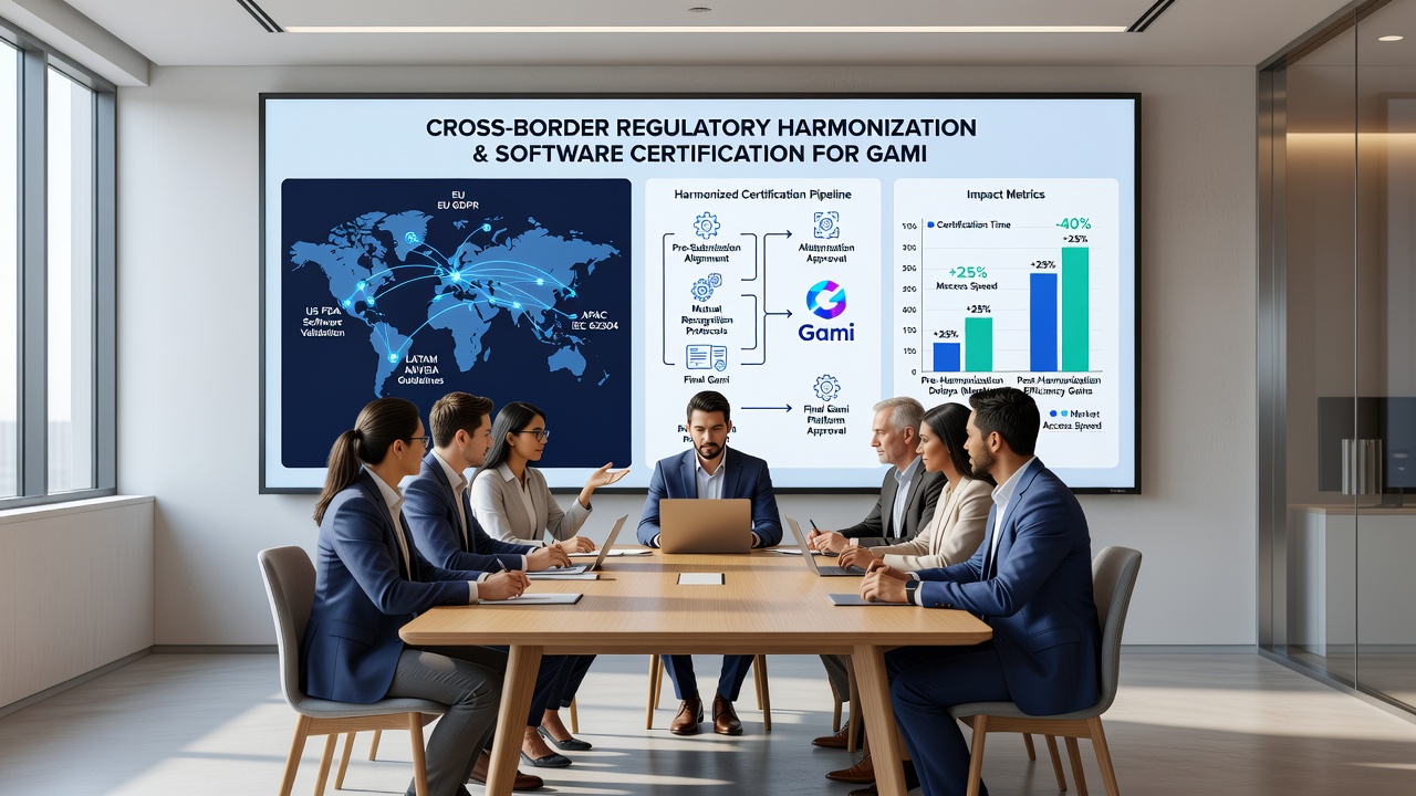 Gaming software testing lab with certification engineers reviewing harmonized regulatory compliance reports