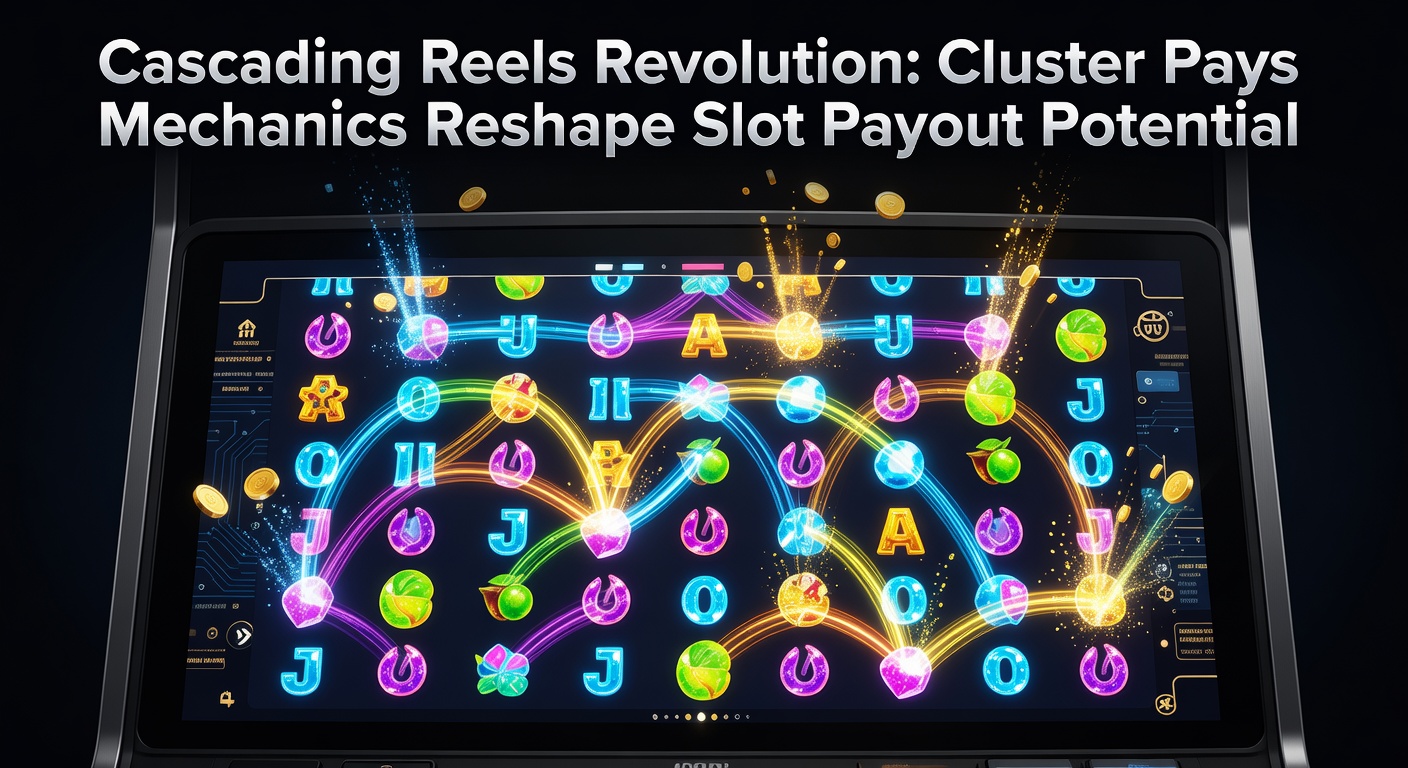 Animated slot reels cascading with colorful symbols dropping into clusters for chain reaction wins