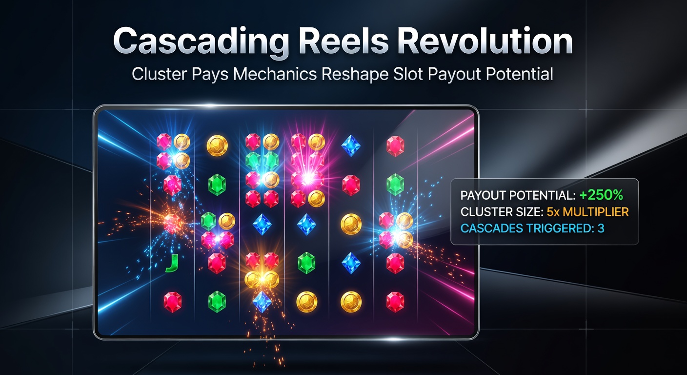 Close-up of a slot grid showing massive cluster win with cascading symbols and rising multipliers