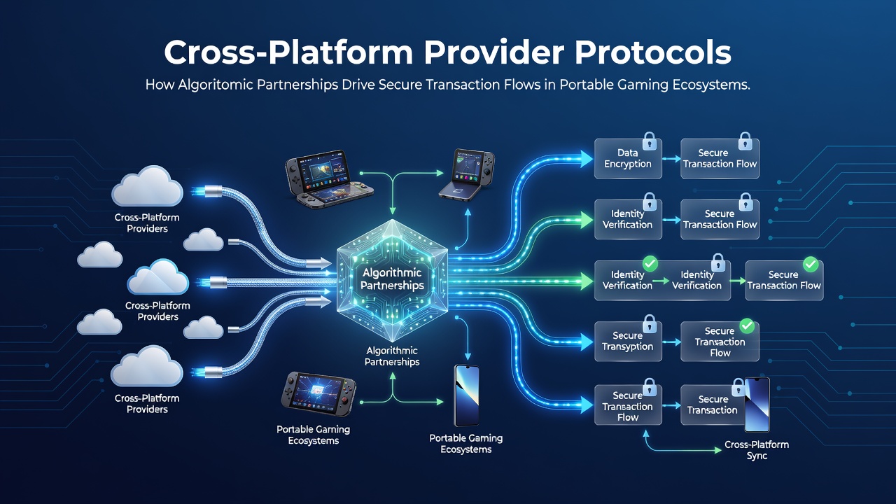 Cross-platform gaming devices connected through secure algorithmic networks showing transaction pathways
