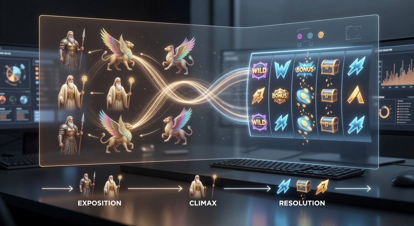 Ancient epic scrolls transitioning into digital slot reel symbols showing narrative progression