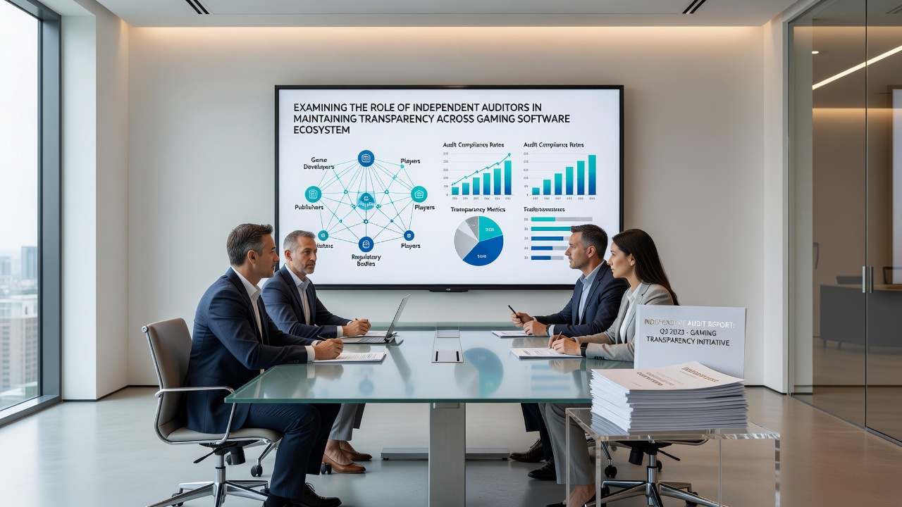 Auditors conducting remote testing of gaming platforms and analyzing compliance reports on multiple screens