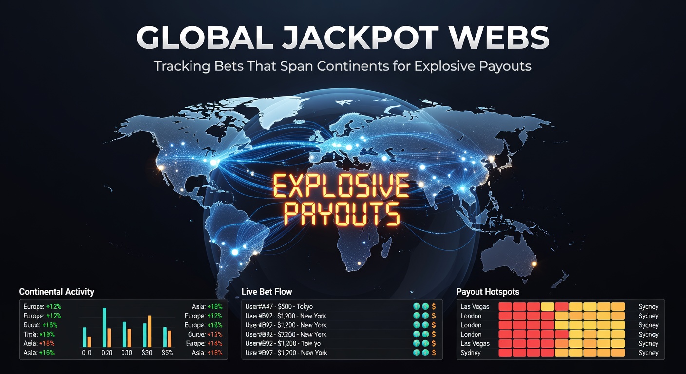 Close-up of a jackpot meter shattering records, with world map overlay showing bet origins from multiple continents converging