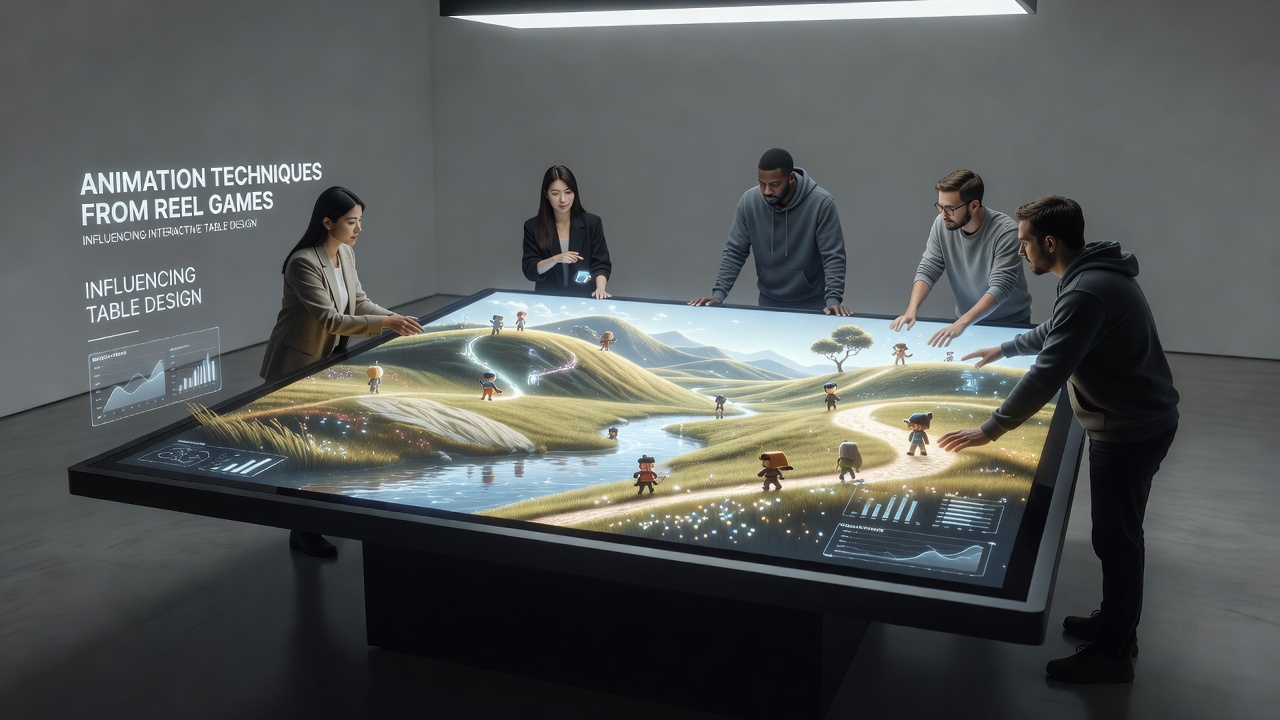 Animation sequences from reel games showing particle effects and dynamic lighting that transfer to interactive table interfaces