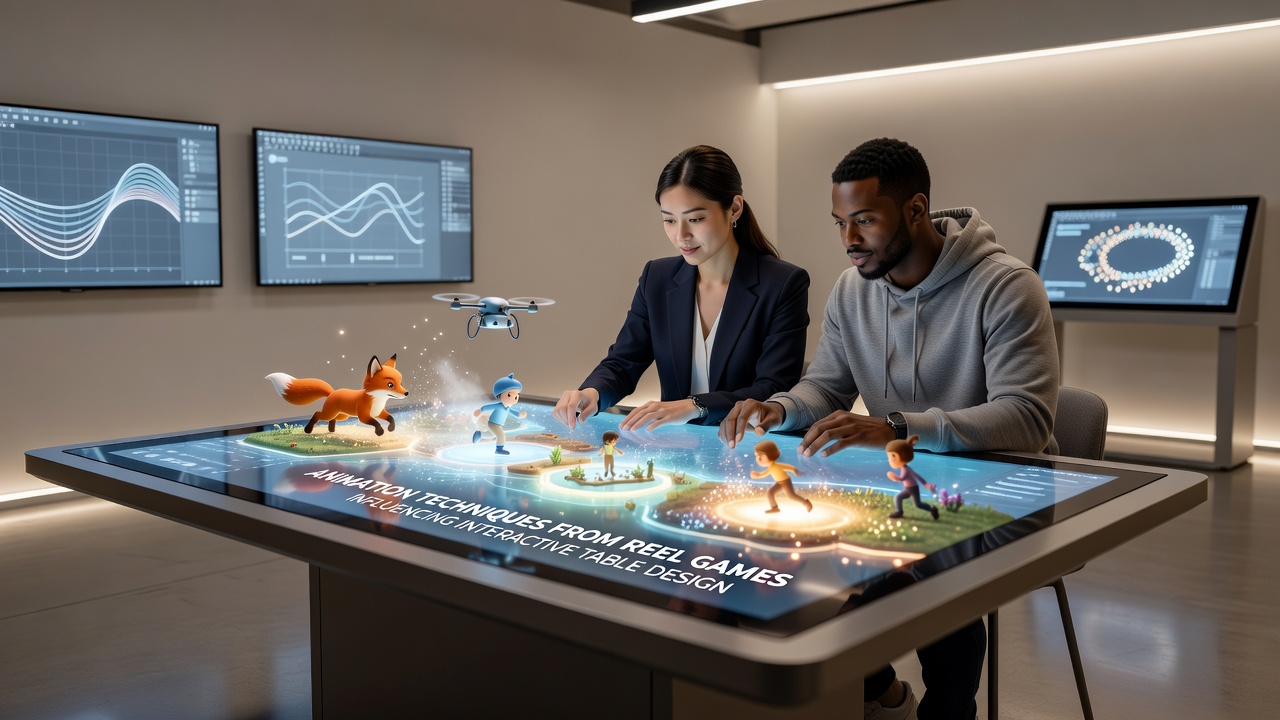 Interactive table screen with animated chip stacks and dynamic lighting adapted from reel game techniques
