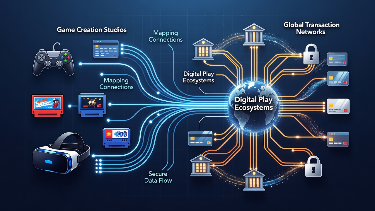 Diagram showing game creation studios linked to global payment processors and transaction networks in digital ecosystems
