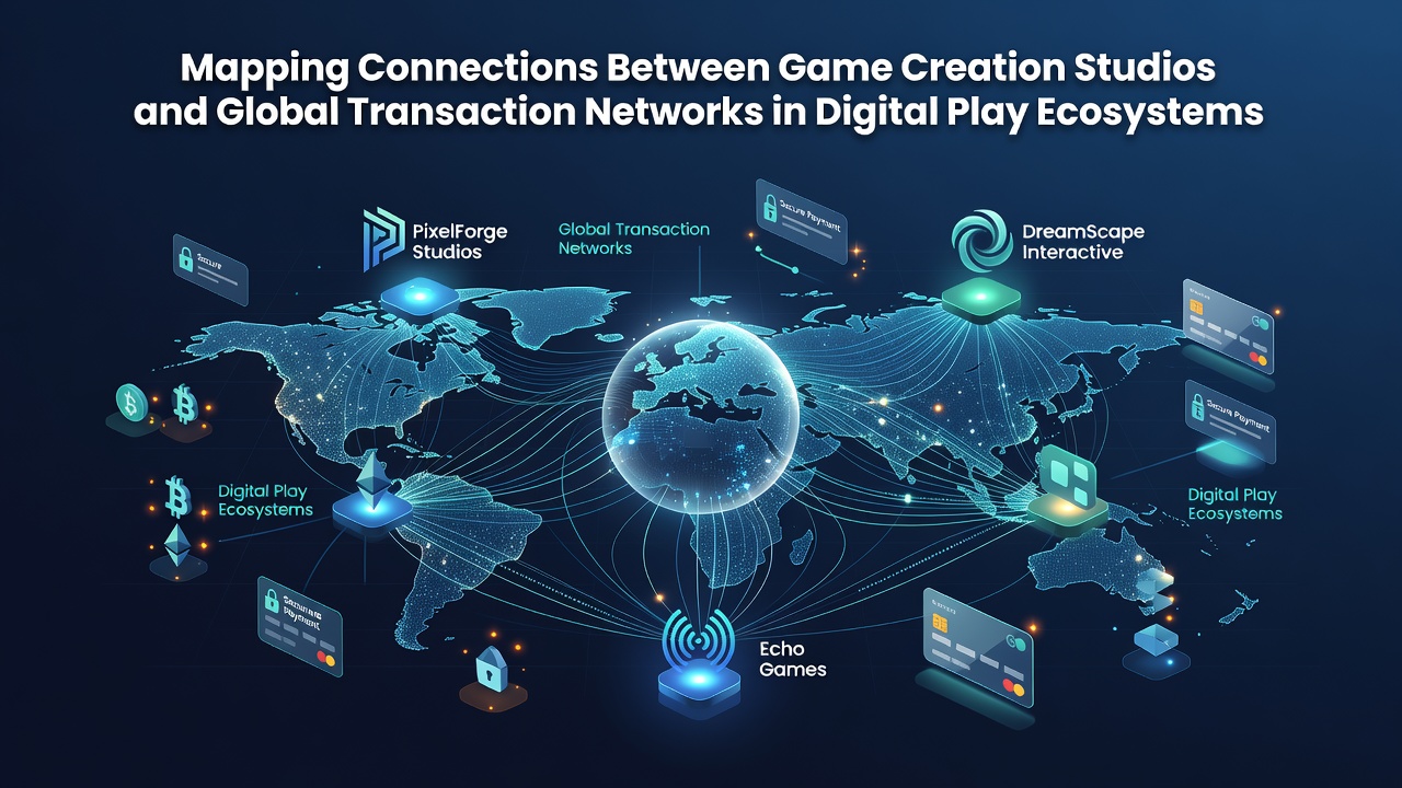 Infographic illustrating transaction flows from studios through international payment rails and compliance checkpoints