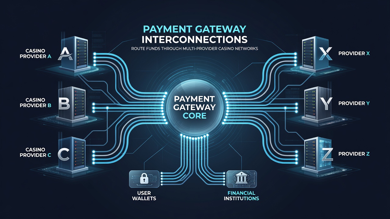 Illustration of fund routing paths connecting several payment providers in a casino network