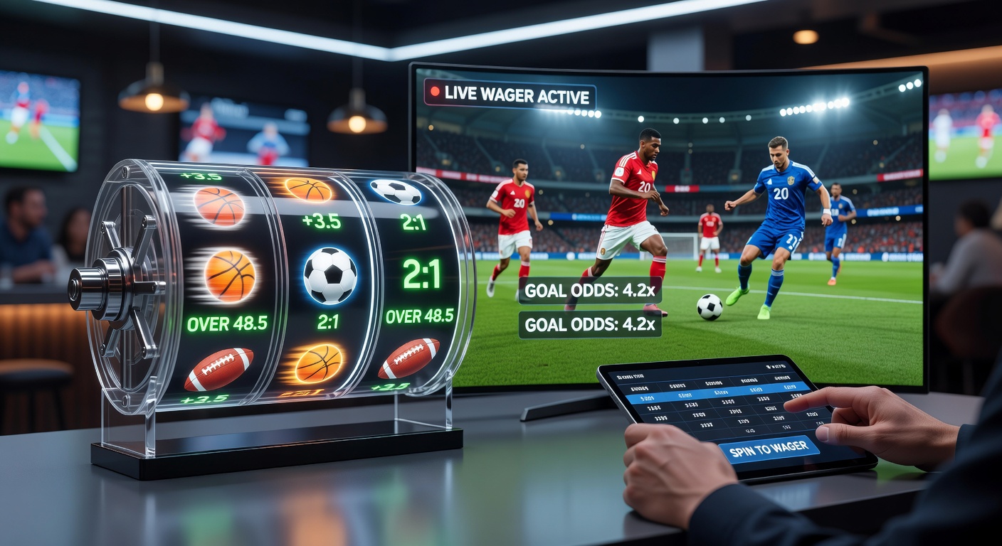 Dynamic interface of a spin-and-score hybrid game, blending vibrant slot reels with real-time sports betting odds on a soccer match