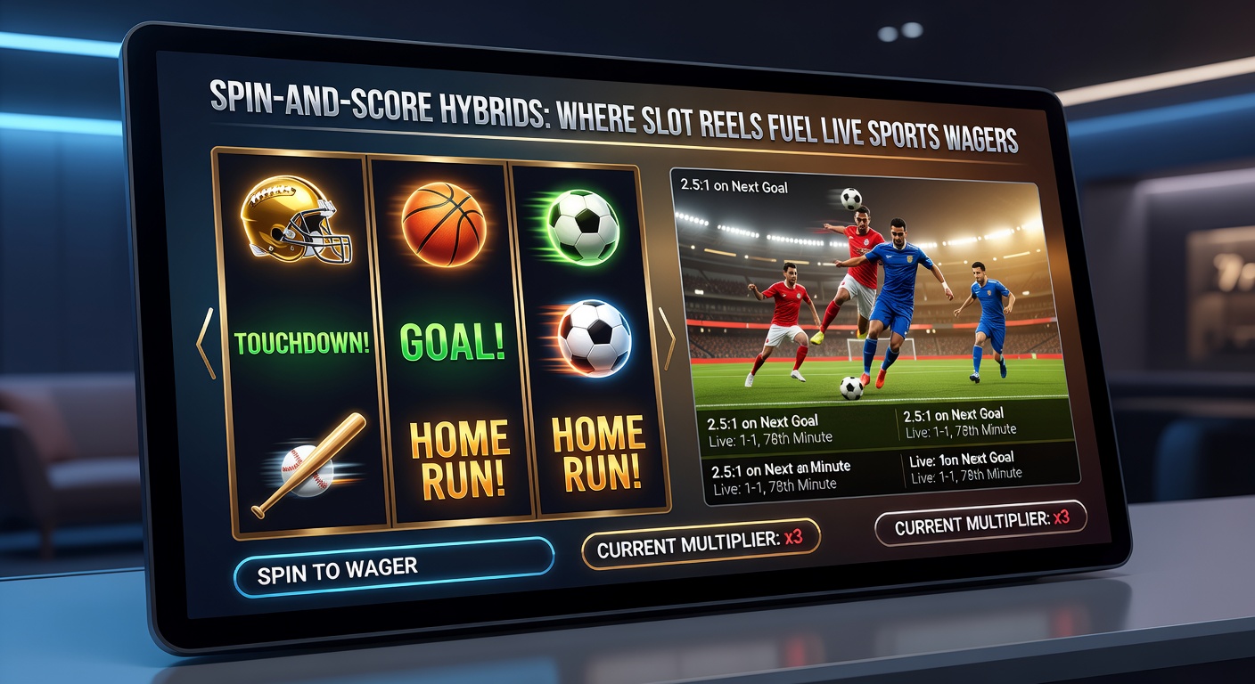 Close-up of a hybrid betting terminal at a casino, displaying slot reels influencing live basketball odds with cheering crowd in background