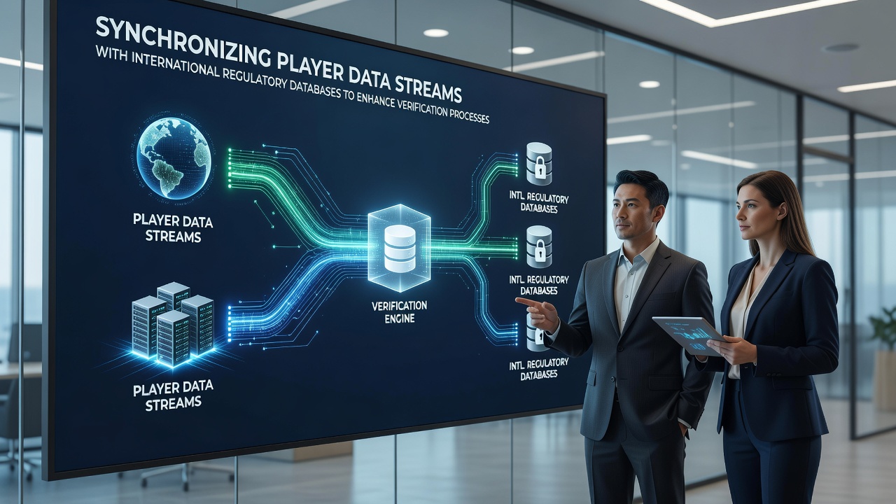 Diagram showing encrypted data flow from gaming platforms to global regulatory databases for real-time player verification