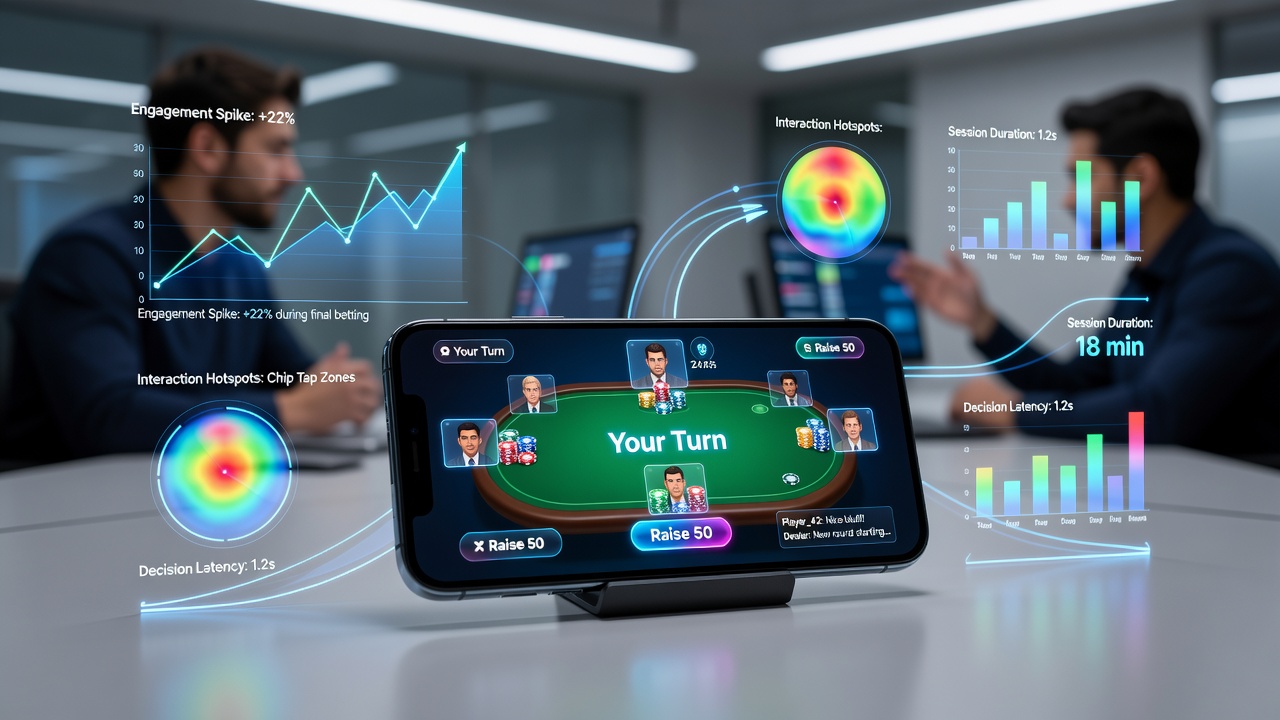 Mobile interface showing virtual blackjack table with touch controls and player engagement metrics overlay