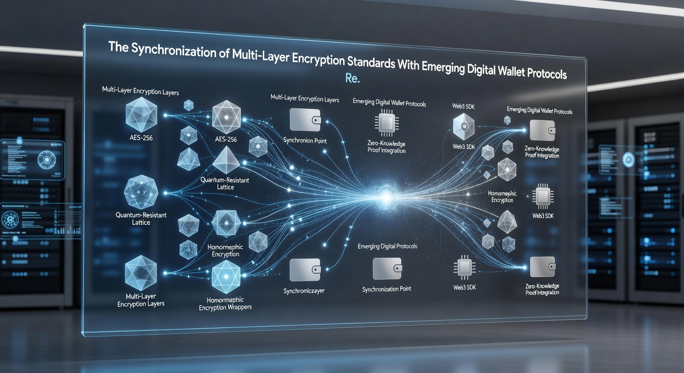 Network architecture illustration depicting secure data flows between digital wallets and remote gaming servers using synchronized encryption layers