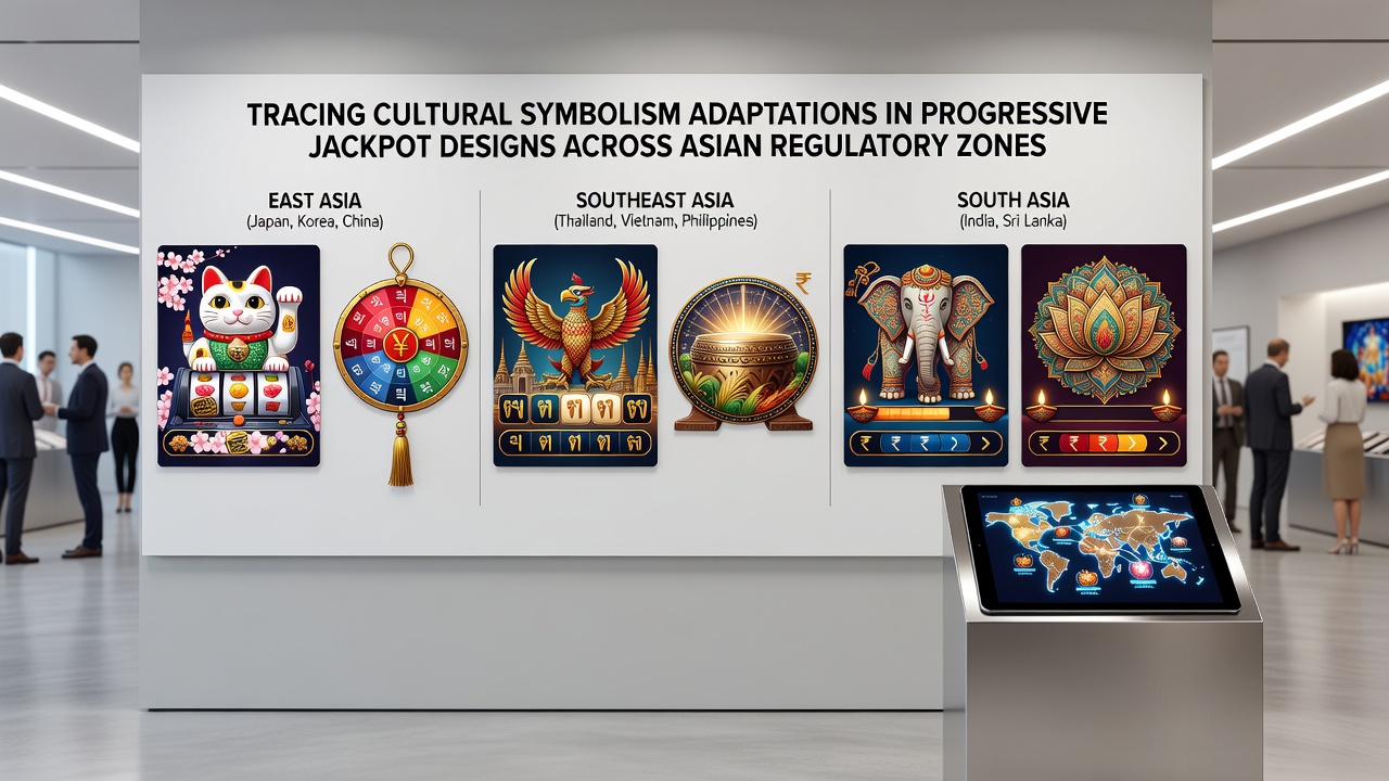 Networked jackpot display incorporating koi fish and mandala elements across regional casino floors