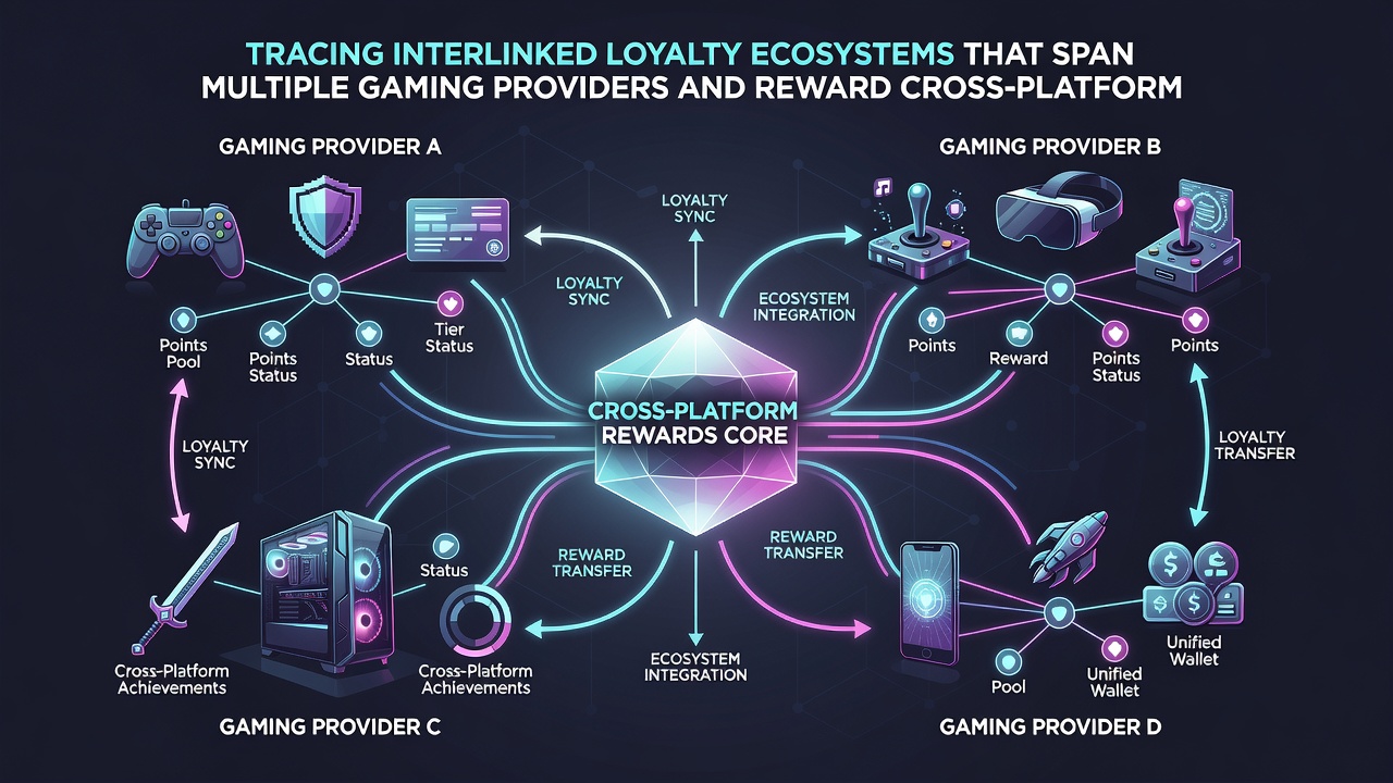 Illustration of players engaging across mobile, desktop, and casino floor interfaces with loyalty points transferring between them