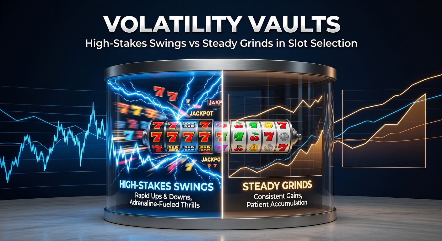 Dynamic slot machine display showing high-volatility jackpot explosion contrasted with low-volatility steady paylines
